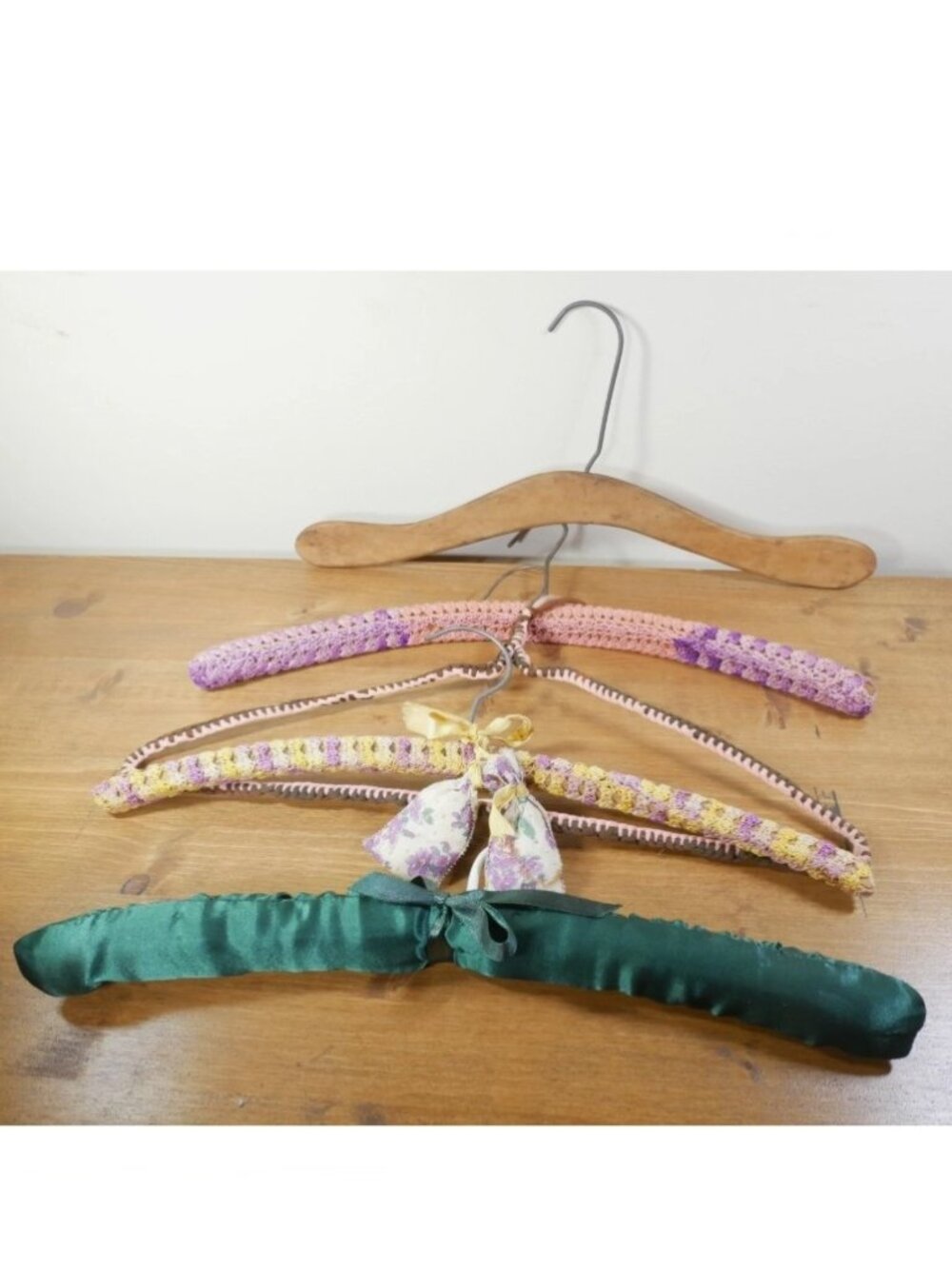Lot of 5 Vintage Hangers Crochet Silk Wood Antique Clothing Cottagecore Granny